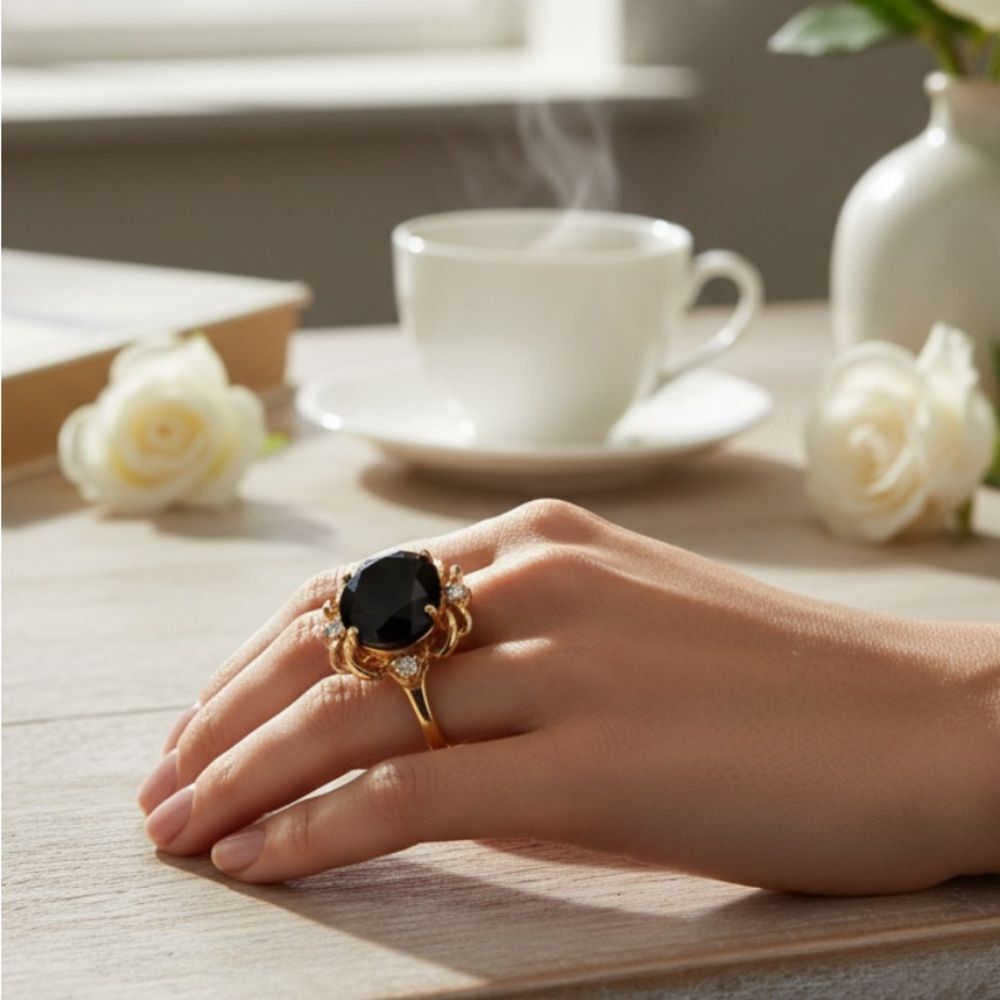 🖤 Vintage Style Black Faceted Statement Ring | Gold-Tone | Size 8.5